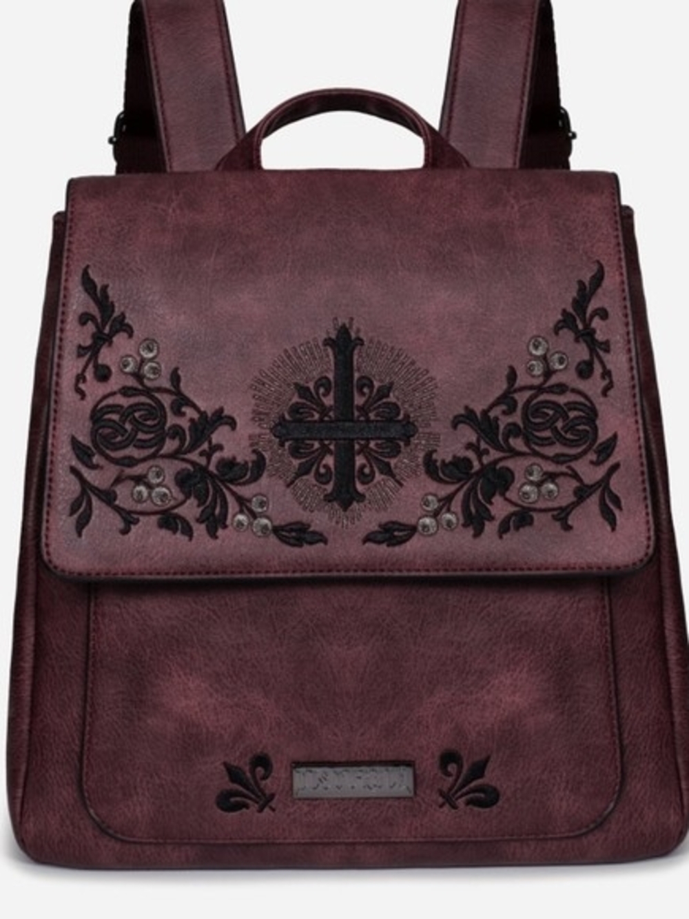 Embroidered Cross Flap Backpack - Burgundy Elderberry Disturbia